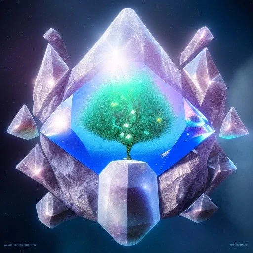 hedjuk,Tree of Life, crystal city crystalline in the sky, renderin, room, cosmic, opalescent, 100mm, opalescent, gemstones, crystals, object, other worldly,water, cristal rock ,bright, ice backg