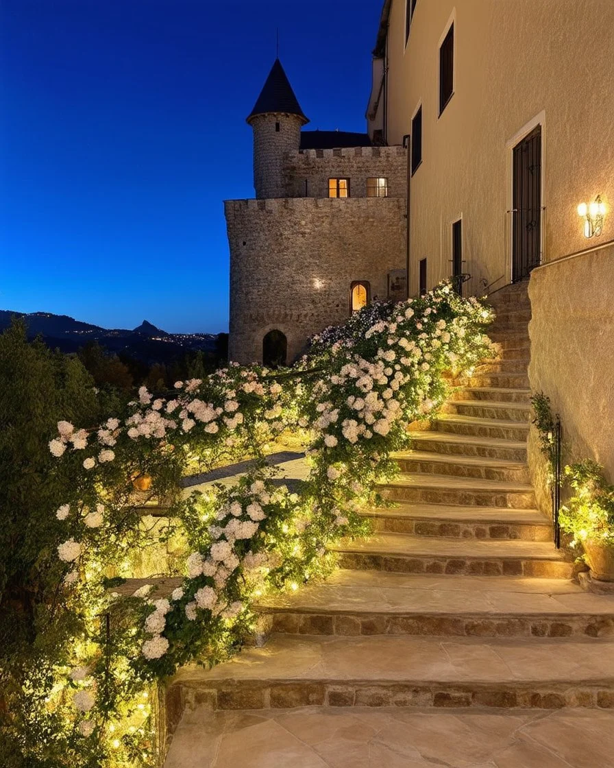 Moonlit Castle Patio with FlowerAdorned Sweeping Staircase. Art by Picasso