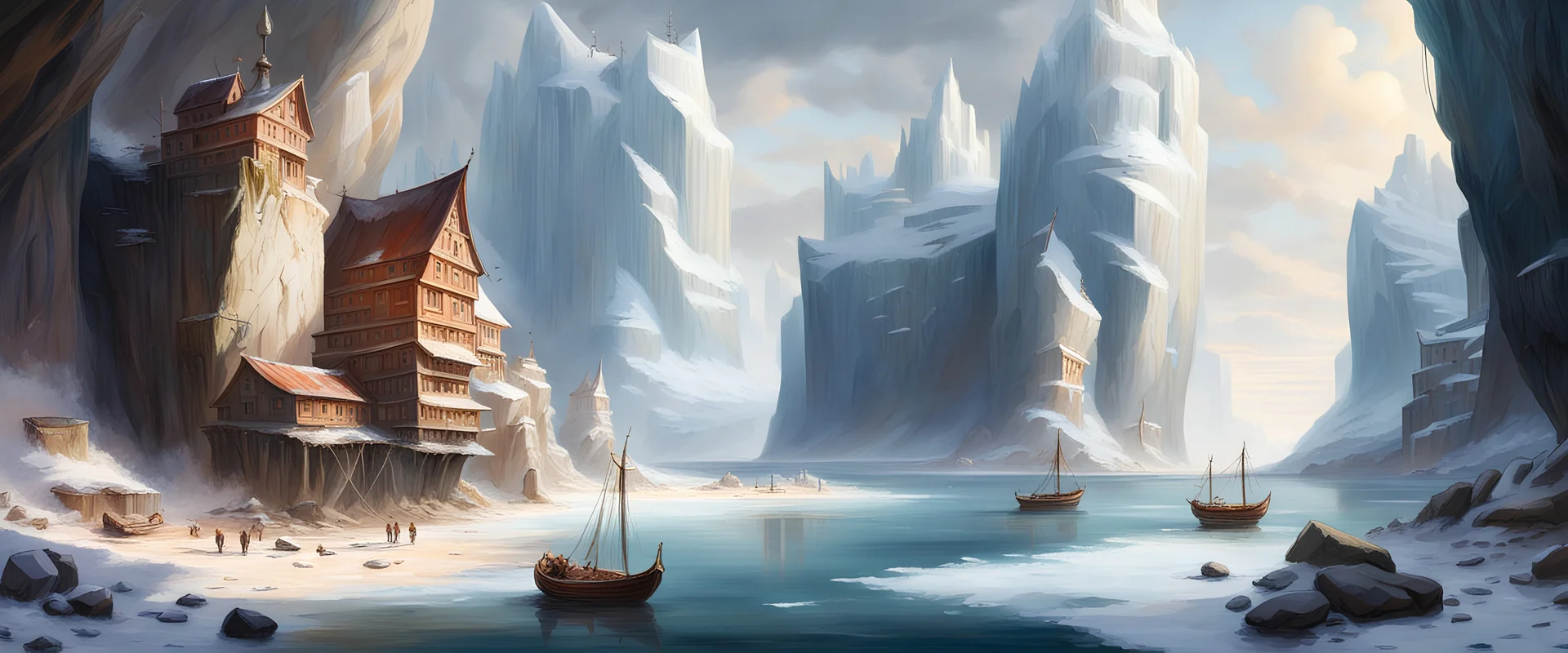 Fantasy, Icy landscape in a beach cove surrounded by steep cliffs, with 3 buildings and a harbor with 1 sloop