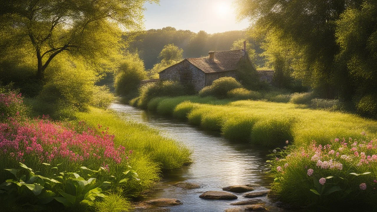 Beautiful realistic rural landscape, warm sunshine, lush plant growth, flowers, brook, peaceful, delightful, idyll, award-winning photograph, detail, beautiful composition, attractive colour, chiaroscuro, rule of thirds, human habitation