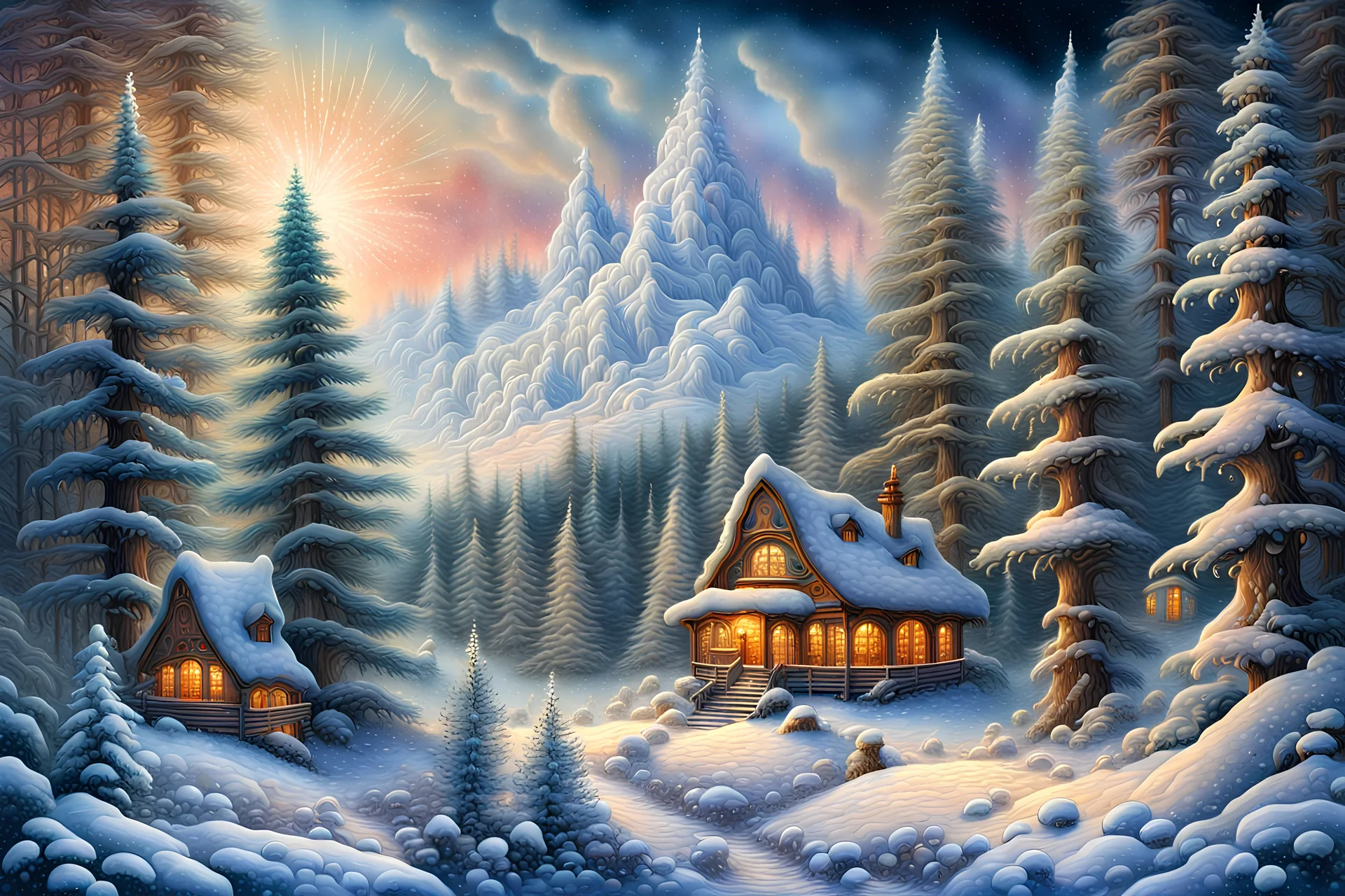 realistic winter landscape with elements of fractal painting, mighty firs, pines, everything is harmonious and beautiful, frost glitters in the air, super detail, clear quality, winter transparency of icy air, high resolution, microdetalization, Josephine Wall. Thomas Kinkade. Jacek Yerka.