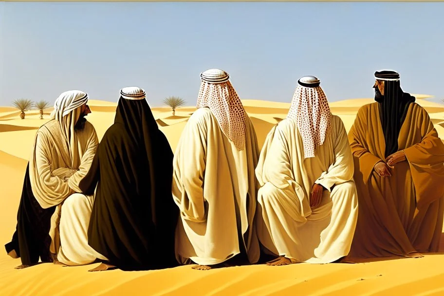 A tall fat european man in business suit wathcing four Arabian sheikhs sitting in the desert wearing typical Arab dresses, looking towards the four cardinal points and he is thinking.