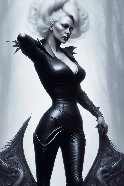 Pamela Anderson as evil queen in black leather, leather, busty, cleavage, angry, stern look. character design by cory loftis, fenghua zhong, ryohei hase, ismail inceoglu and ruan jia. unreal engine 5, artistic lighting, highly detailed, photorealistic, fantasy.