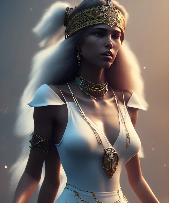 Gipsy, beautiful, curvy body, white fabric dress, beautiful long hair, bandana covering head, long earings, head and shoulders portrait, holding tarot card, 8k resolution concept art portrait by Greg Rutkowski, Unreal Engine 5 volumetric lighting