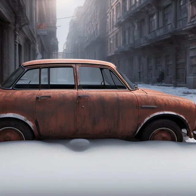 an Audi rust 2-door overgrown by with ice ,ultra realistic,concept, 4k ,on street,8k resolution, high-quality, fine-detail, parked in crowded city winter