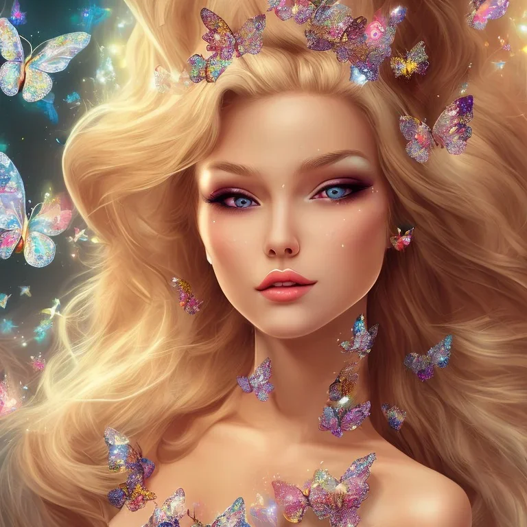  lying down beautiful face princess blond fairy smiling with sparkle jewel bikini and butterflies in hair magic