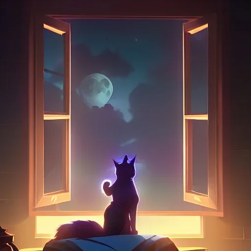 cama, anochecer, ventana, esperanza, gato, luna