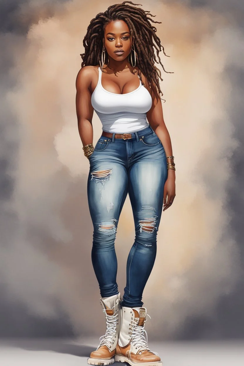 Create a watercolor image of a curvy black female wearing tight cut up jeans and a off the shoulder white tshirt with timberland boots. Prominent make up with hazel eyes. Highly detail dread locs