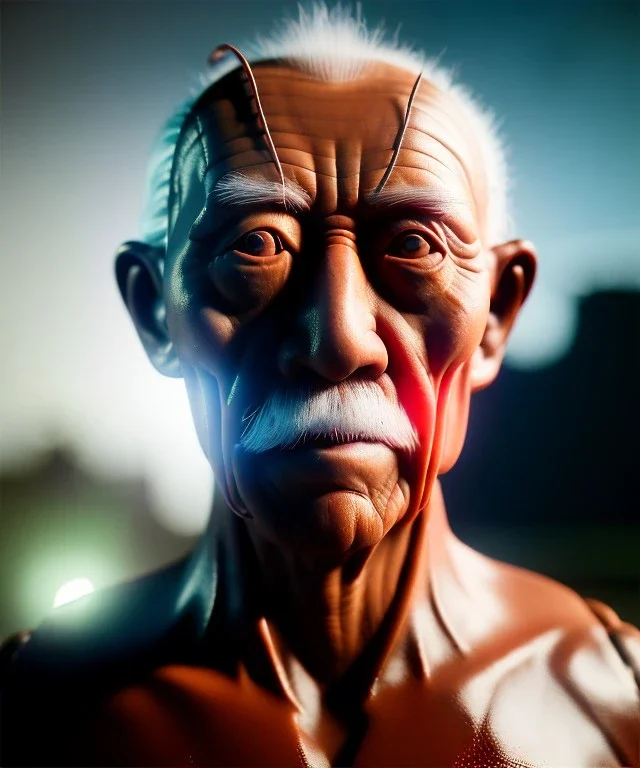 Ultra realistic photographic night portrait, cinematic, naked, old, Asian, all shaved <strong man> <hanging wires> many wires connected to the head <perfect pupil> <cyborg> <garage> <long shot view> <sci-fi futuristic> <thriller>, fog, soft color, highly detailed, unreal engine 5, ray tracing, RTX, lumen lighting, ultra detail, volumetric lighting, high definition.