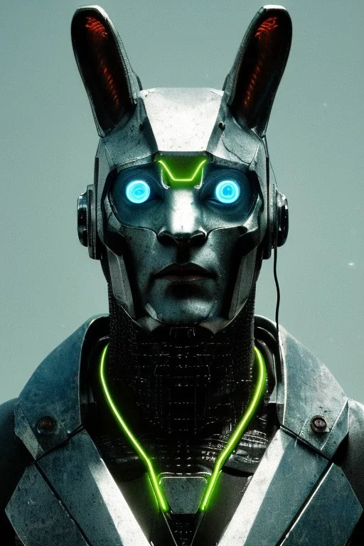 Medium Close Up Portrait, Front image. cyborg, cyberpunk, rabbit mask, strong man, short hair and beard. Silver suit army. White, blue, color. camouflage style. Neon, Color background, photo studio. highly detailed, concept art, smooth, unreal engine 5, ray tracing, RTX, lumen lighting, ultra detail, volumetric lighting, 3d, finely drawn, high definition, high resolution.