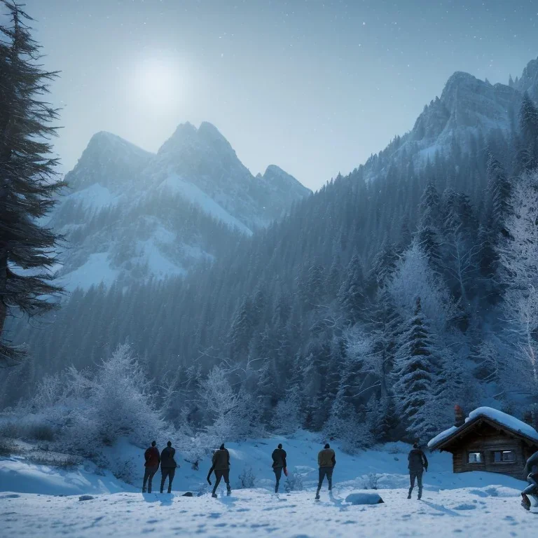 Five people hunting in a snowy forest, sense of fear, mountain hut in the background, Alps, night, 8k, HD, cinematography, photorealistic, Cinematic, Color Grading, Ultra-Wide Angle, Depth of Field, hyper-detailed, beautifully color-coded, insane details, intricate details, beautifully color graded, Cinematic, Color Grading, Editorial Photography, Depth of Field, DOF, Tilt Blur, White Balance, 32k, Super-Resolution, Megapixel, ProPhoto RGB, VR, Halfrear Lighting, Backlight, Natural Lighting