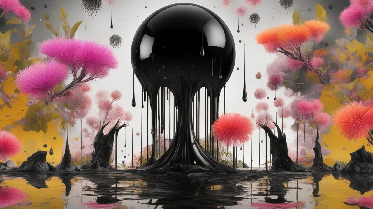 Exotic flora and fauna dripping black liquid in a Multiverse background