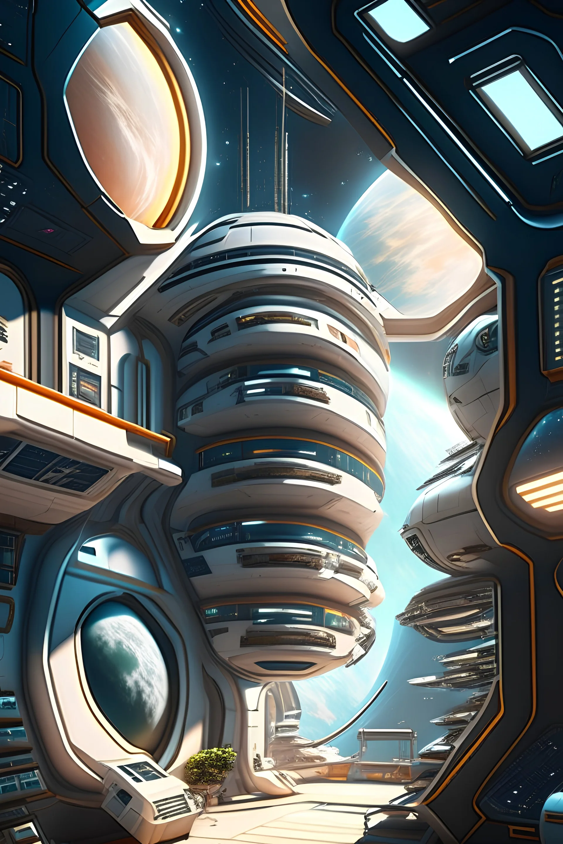 10k hyper realistic detailed luxury futuristic residential area inside orbital space station, populated, transport