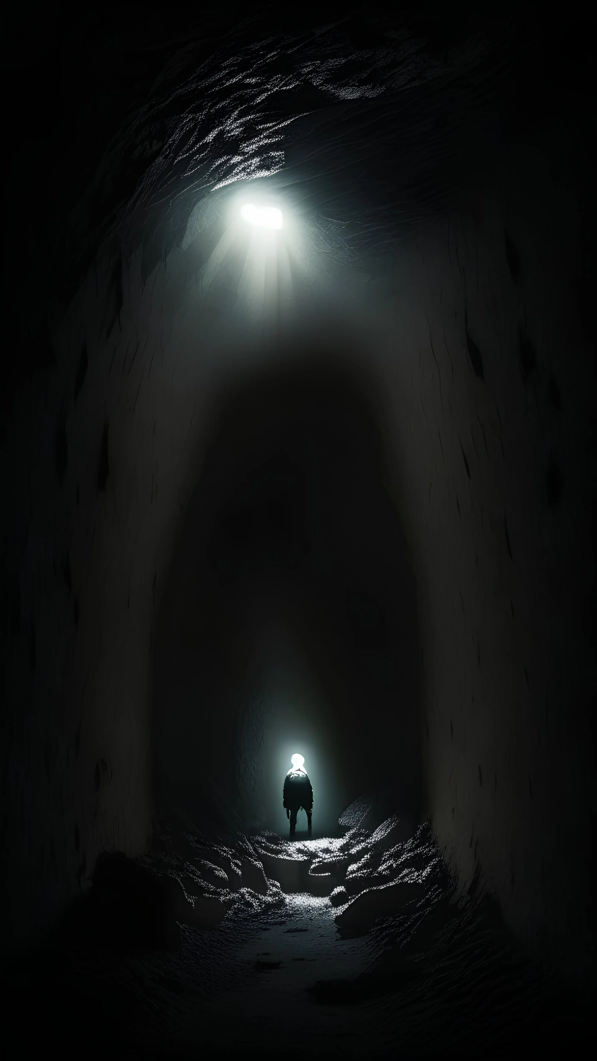 charactere in semi-darkness, on the scree cone of an underground room dimly lit by daylight coming from a well located forty meters above.