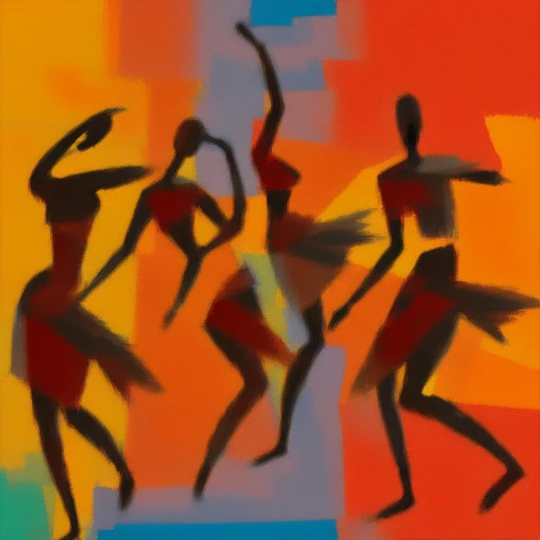 an abstract painting with figures of three African women dancing