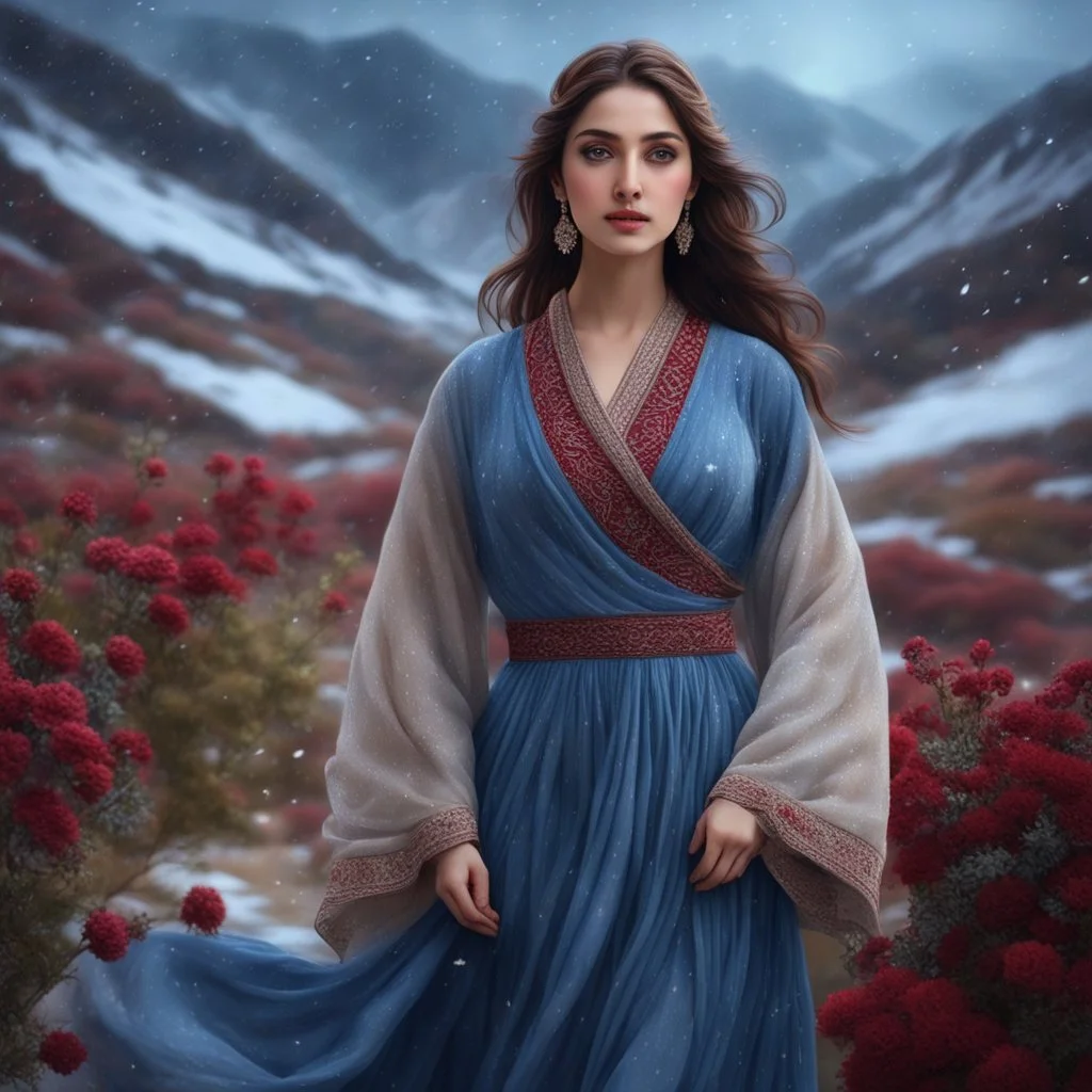 Hyper Realistic Gorgeous-Young-Pashto-Women-with-beautiful-eyes whirling wearing blue-grey-dress & beige-shawl-with-maroon-embroidery on mountains-with-flower-garden at snowfall night withy dramatic & cinematic ambiance