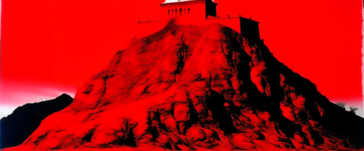 A red castle on top of a volcano painted by Andy Warhol