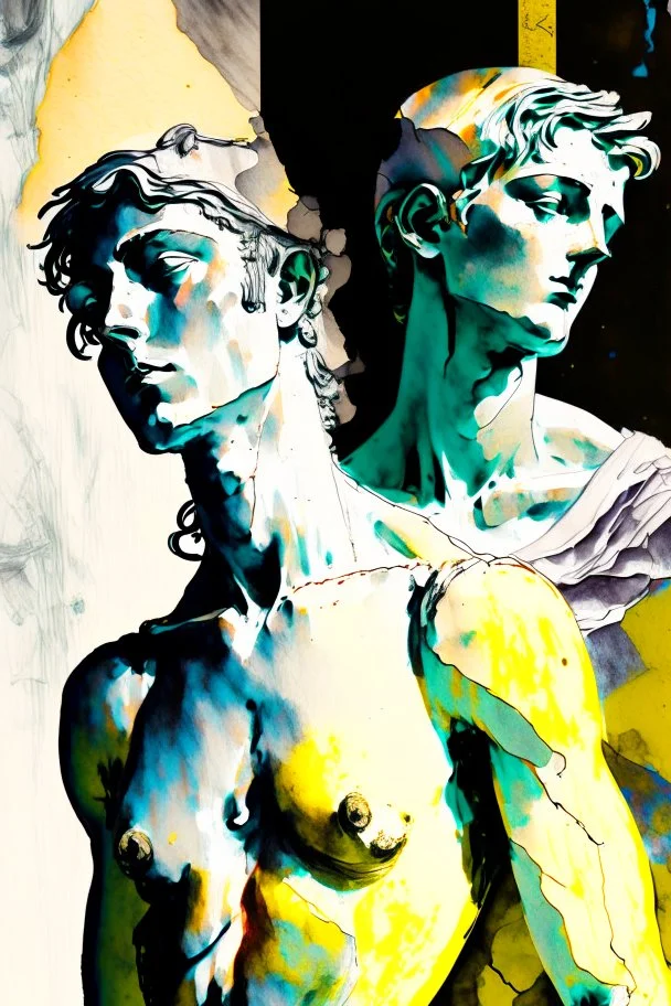 The perception of newness comes from at female and male marble figures, that undergoes a transformation after some specific action, adapts to a new space as if in the form rain of a dust and scratches, ink, pencil drawing gouache texture, schiele style, colorful, maximum detail, quality textures, bright lighting, 8k high resolution Enhance