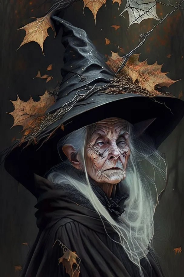 Old White-haired Witchery Witch in her pointed hat ready for the Coven in rusty autumn leaves and silver cobwebs. with burnished browns and abyss black.