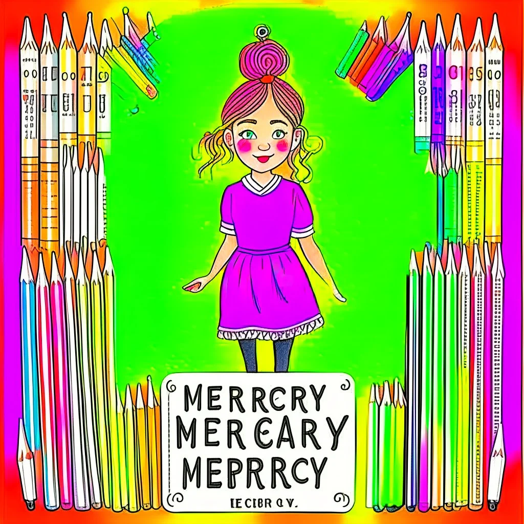 An image featuring Mercy, a spirited young girl with a passion for drawing. At the top of the image, the words "Mercy G Arts, The Pencil Lady" are elegantly displayed in artistic font, surrounded by colorful pencils and sketches. Mercy herself is captured in her element, surrounded by an array of colorful pencils and sketchbooks. With focused determination, she brings her imagination to life on paper, creating intricate worlds and characters.