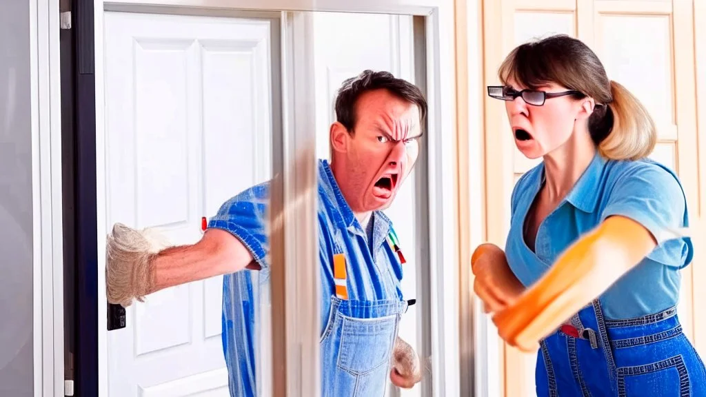 lady angry with male contractor installing the screen door