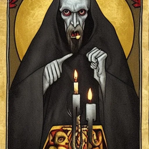 Nosferatu with four yellow eyes with fleshy tentacle beard grey skin and vampire fangs as a Russian Orthodox bishop