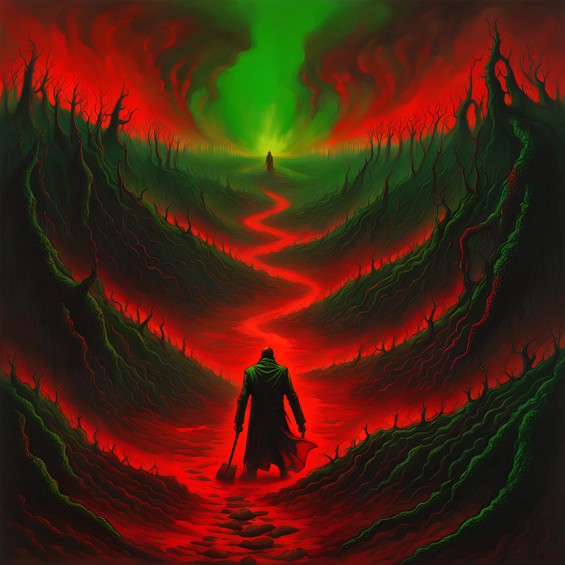 Souls trying to escape from the quicksand ground, cra, in the style of Beksinski, red and green, extremely detailed, dark, extreme horror, hell, inferno