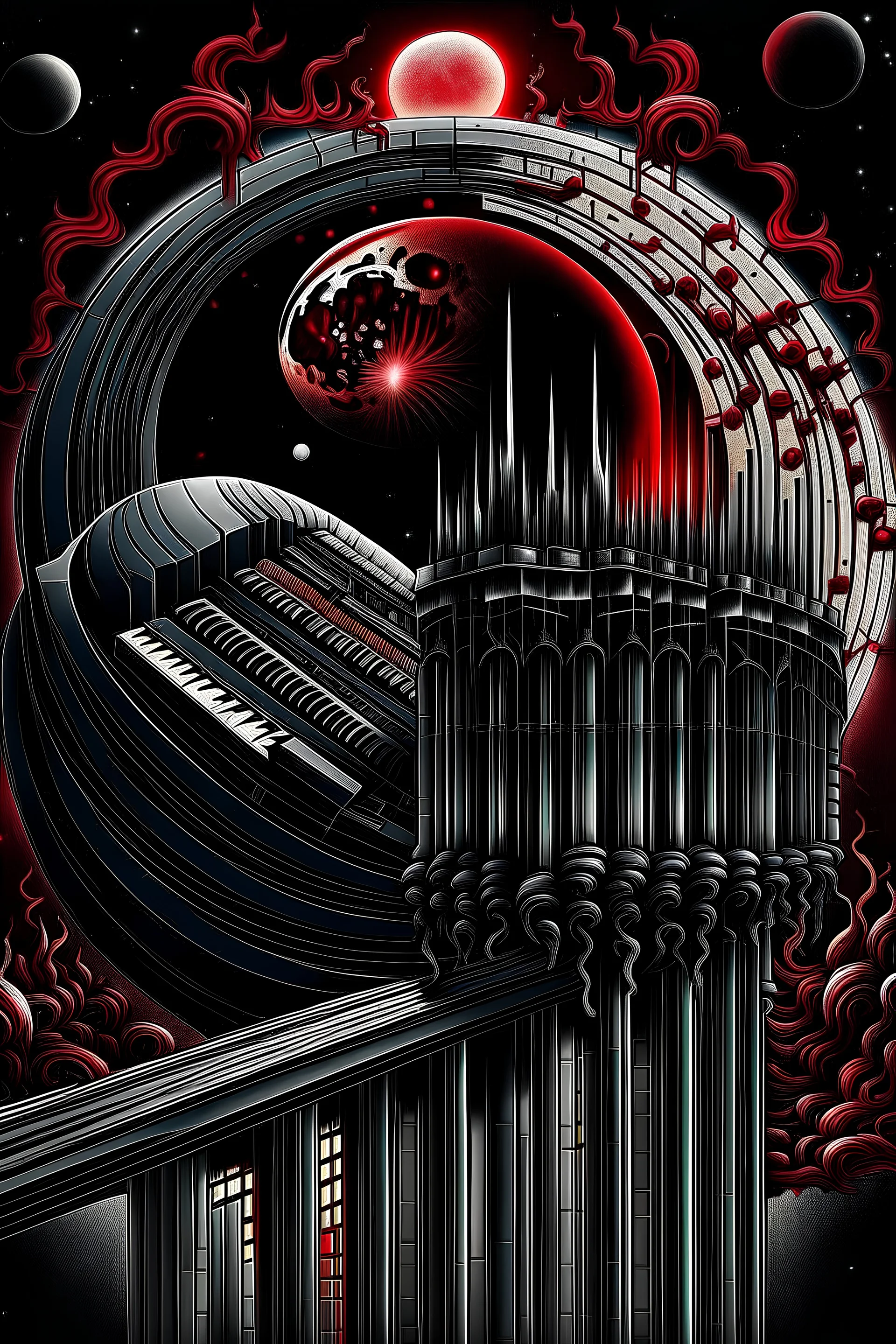 continue up and down a picture of a dark, bloodish, organic, plasmatic dimensions flow from the black hole behind which is a lunar eclipse, inside there is pipe organ in the style of photo-realistic Stranger Things series like but without people