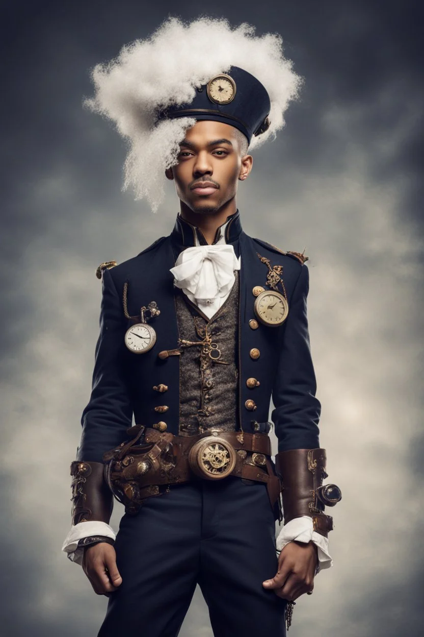 young mulatto man with snow white hair, dressed in steampunk style naval uniform
