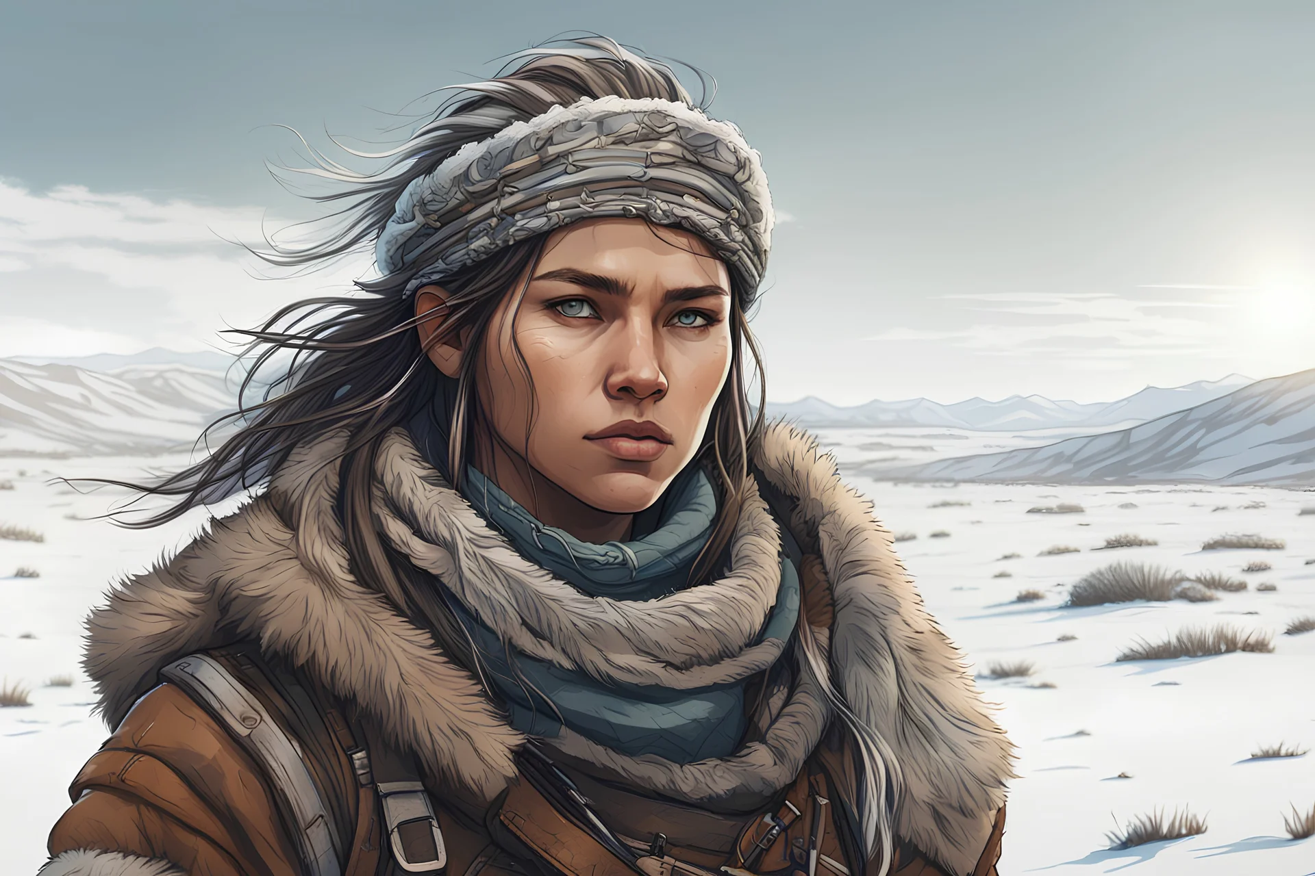 create a sketchy hand drawn young, otherworldly lost Siberian nomadic female huntress concept art character, with highly detailed, sharply lined and deeply weathered facial features in a desolate tundra steppe landscape , in natural winter tundra colors, 4k