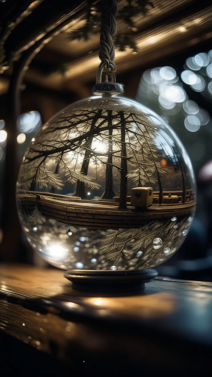 buss inside a boat crystal ball hanging from a tree in the mountain , shot on Hasselblad h6d-400c, zeiss prime lens, bokeh like f/0.8, tilt-shift lens 8k, high detail, smooth render, down-light, unreal engine, prize winning