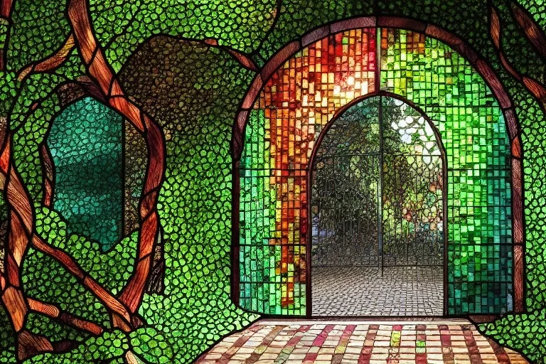 open iron gates made of colorful stained glass, covered in vines, trees, very large entry leading to a lush garden, see lot details in the garden, photo realistic 4k, nature, beautiful hand laid checkered pattern stone walkway path, trending on artstation, sharp focus, studio photo, intricate details, highly detailed, by greg rutkowski