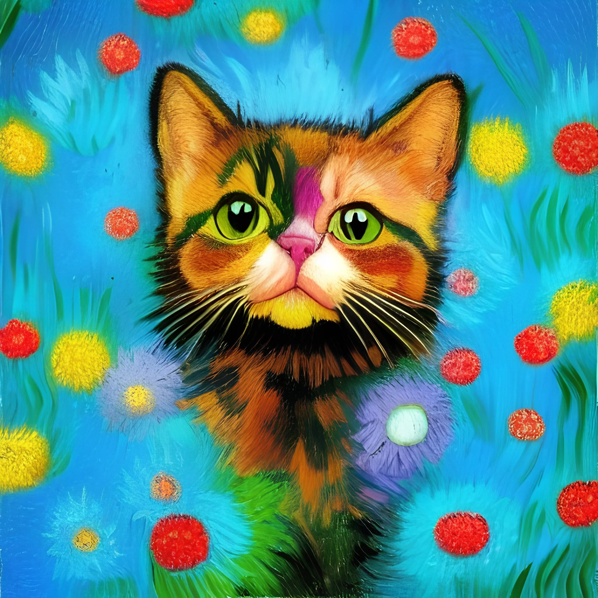 cute multicolored crystal cat, ultra realistic, background of flowers, volumetric lighting, fantasy, highly detailed, lighted background in style of Vincent Van Gogh