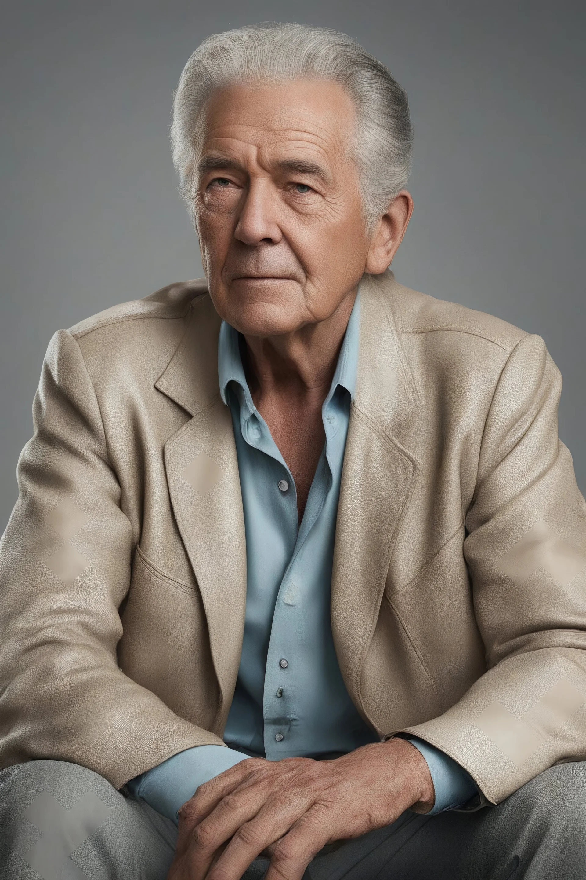 Full Color image, 8k, Ultra-HD, hyper realistic, Photorealistic, focused, fine detail, professional photo, beautiful -- head to shoulder pose, 80-year-old Harold Kendall sitting facing almost forward, thin, bowl-cut, gray hair, mustache, medium build, Resembles Elvis Presley, tan leather jacket with wide collar, light blue button up shirt, Blue Jeans,