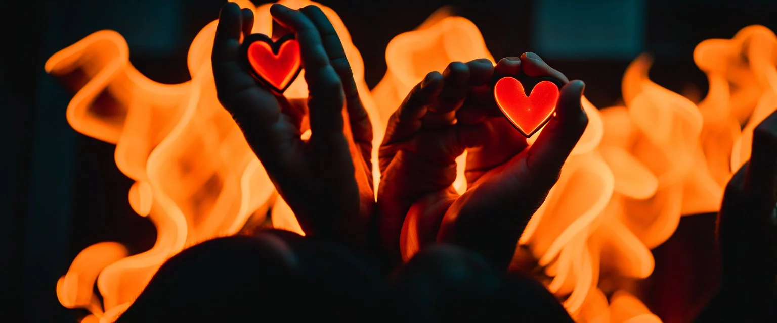 Heart Emoji on fire, cinematic, Fuji Film, Anamorphic lens, deep depth of field, cyber punk