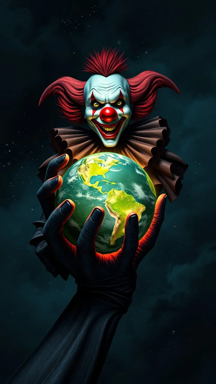 A strong of planet earth in the hand of it the scary clown