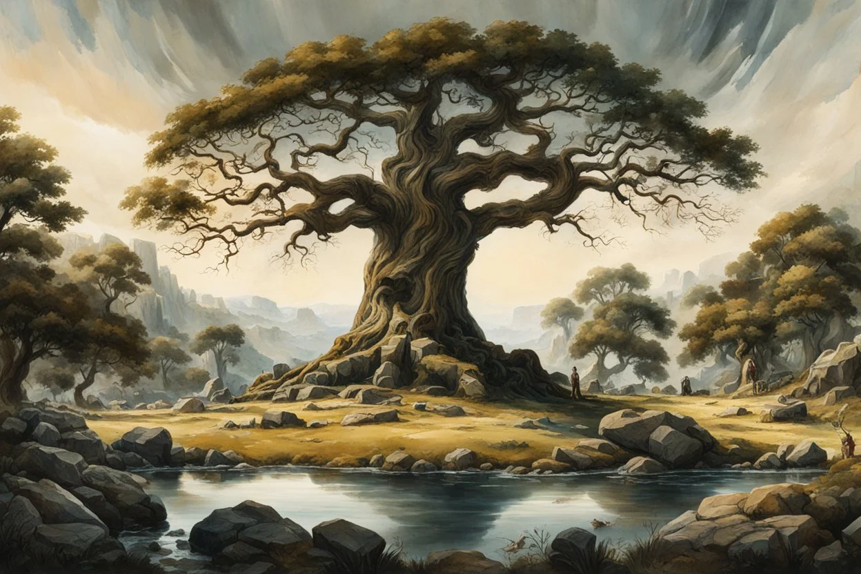 museum quality oil with watercolor underpainting of Yggdrasil, the world tree towering over a circle of ancient Druidic standing stones , in the style of Karl Bodmer, and Winslow Homer, rendered as an aquatint, with a fine art aesthetic, highly detailed , 8k UHD cinegraphic realism, dramatic natural lighting, elevated view from a distance