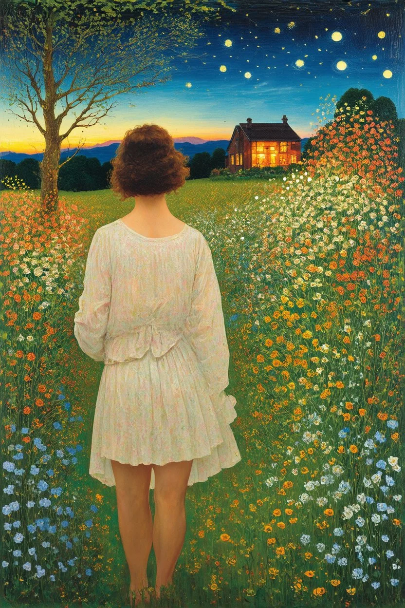Night, vegetations, flowers, one woman, distant house, hans thoma, and george iness paintings