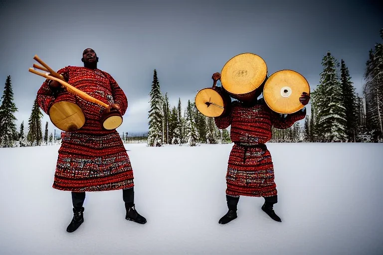 Portrait of a Northern Native Sage. Indigenous, Kekripukki, carries drum made of birch-park, Scary Horns grow from his shoulders, The Egyptian, Traditional Costume is white with red ornaments and patterns. African style colorful faces, Arctic Hills, Strange trees, Haunting Atmosphere, North-Carelia, Karelia, Karjala, Karjalainen, traditional Carelian costumes, dripping black tears on cheek, Kaamos