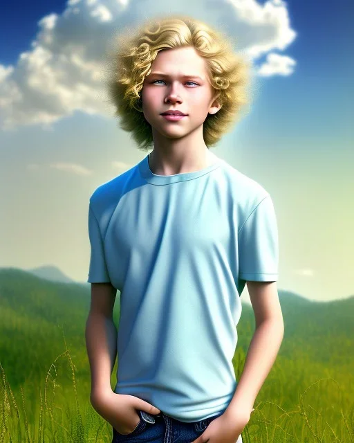 full length photograph of a beautiful 12 year old boy with long, blonde curly hair and light blue eyes, smiling, standing on a green hill in summer, highly detailed, smooth, realistic, HDR