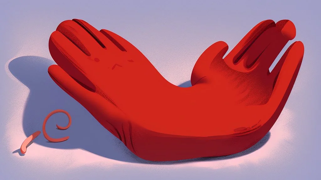 fantasy cartoon style illustration: red mitten with a little cute mouse peeking out