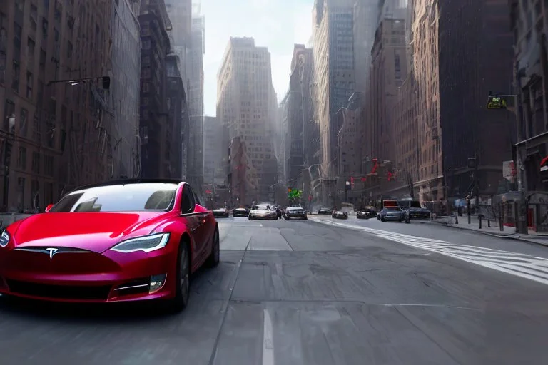 A Tesla 'Model S' is racing at top speed, on 'Wall Street', in New York. (CINEMATIC, WIDE ANGLE LENS, PHOTO REAL)