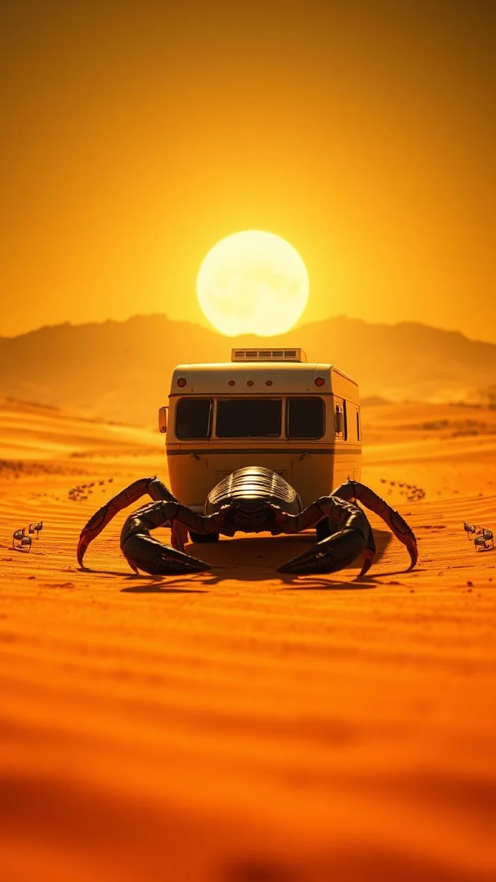 A zoom in Scorpion with background realistic photo of a landscape covered in sands that looks futuristic with futuristic lighting , a caravan in the heat of the desert from the “Breaking Bad” episodes