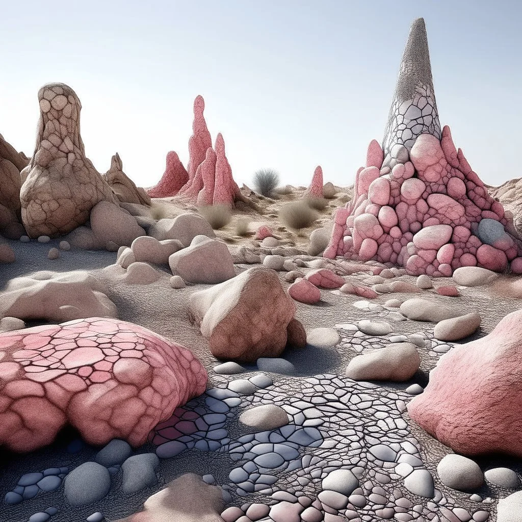 A grayish pink magical wasteland with rune rocks painted by Antoni Gaudi
