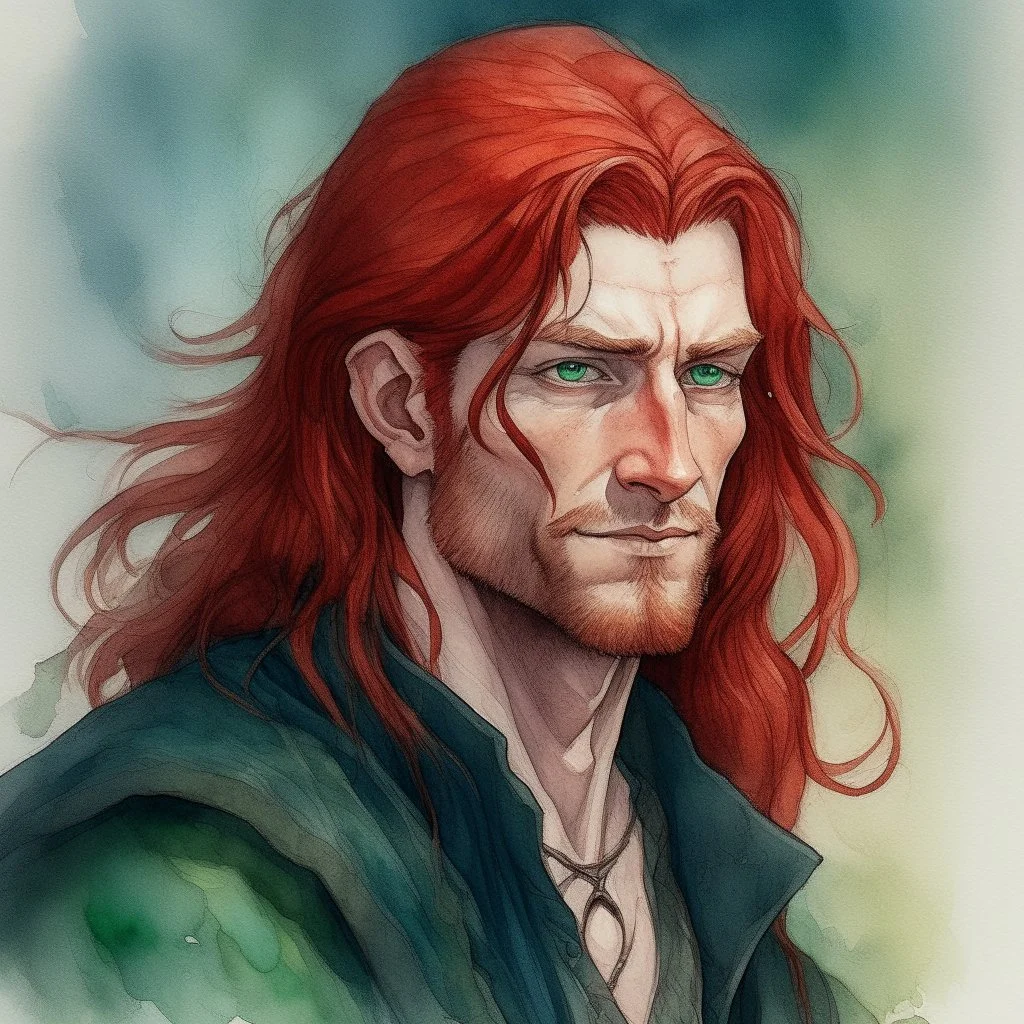 dnd, fantasy, watercolour, large strokes, stylistic, portrait, illustration, dull colours, male, face, narrow long face, weathered face, green eyes, determined, smiling, red hair, very long hair streaming down the shoulders, radiating light, five o'clock shadow