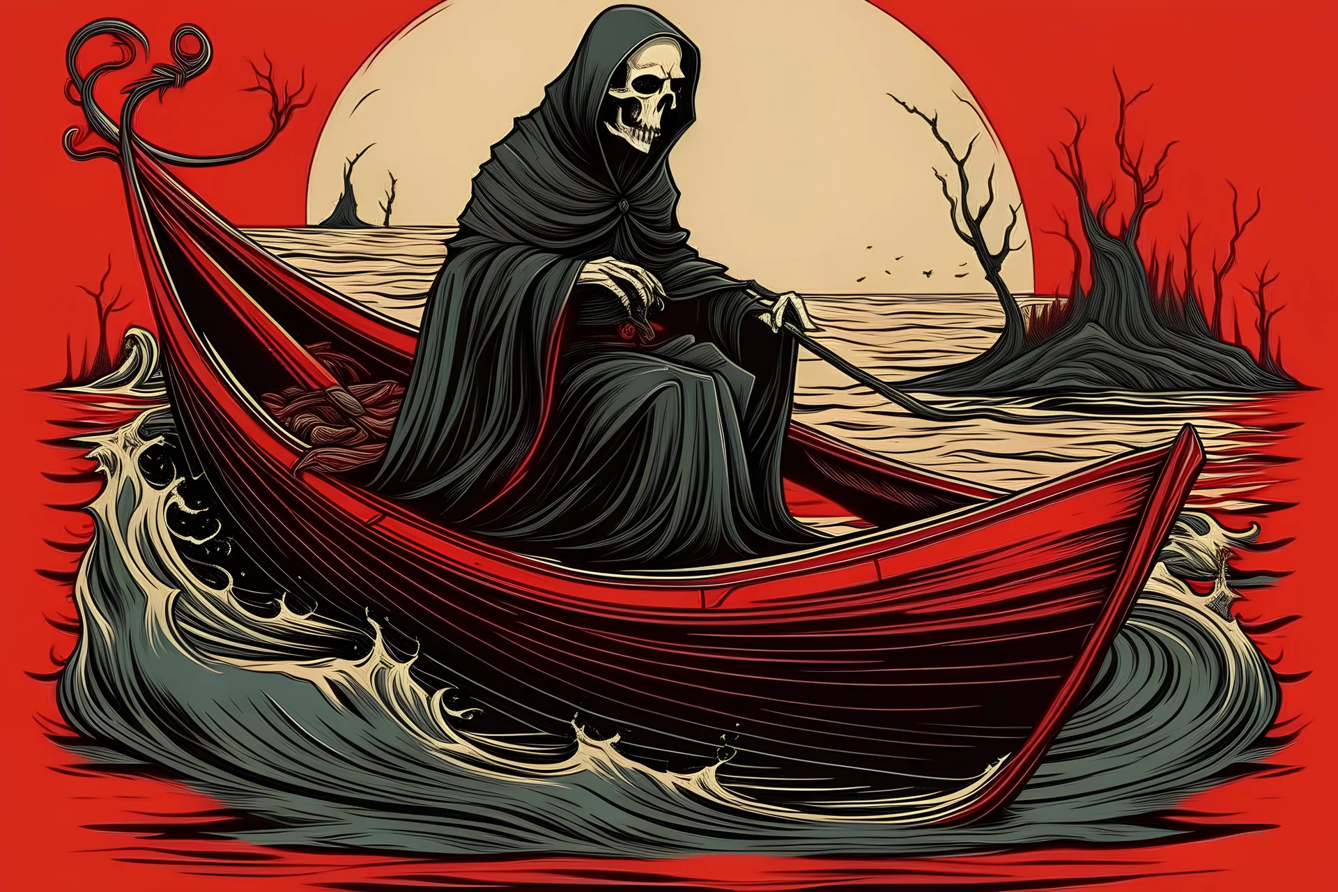 A small boat is running on the red river, and on top of the boat, a rear figure of the Grim Reaper is rowing with an oar