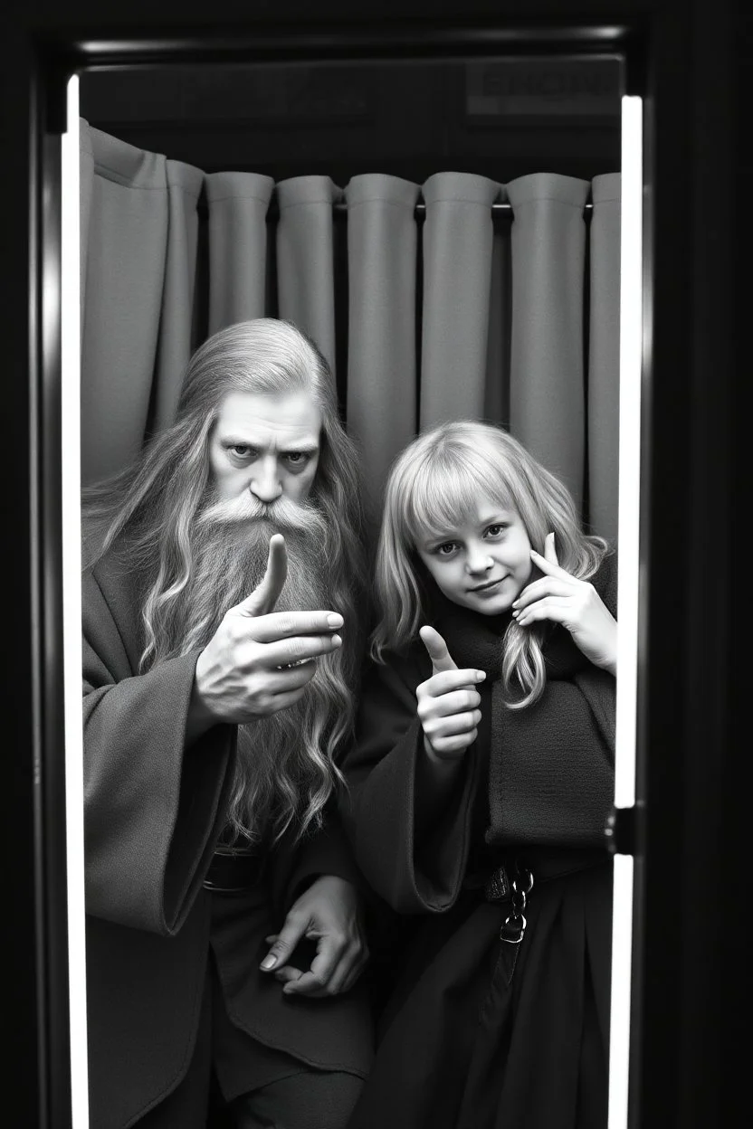 Gandalf and Frodo taking series of BW photos inside photo booth.