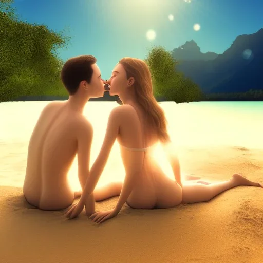 2 lovers last kiss in sand island with tent and river background