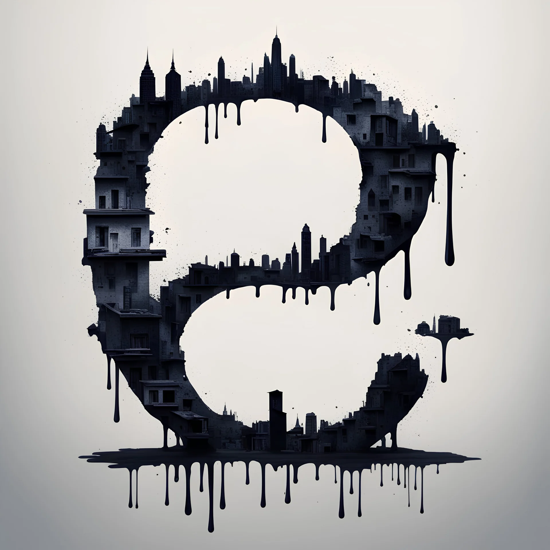 THE INFINITY SYMBOL MADE BY DRIPPING INK FORMING SMALL BUILDINGS AND STREETS FORMING THE NUMBER EIGHT
