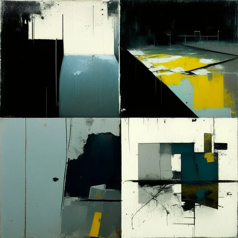 Minimal contemporary abstract oil paintings of desolate 1960s carpark with road markings and concrete fragments. Overlay with grungy typography graphics. style of Justin Mortimer and Francis Bacon.